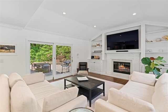 1508 Laurel Hollow Rd, Laurel Hollow, NY 11791 - living room featuring wood finished floors, vaulted ceiling, built in features, a fireplace, and recessed lighting