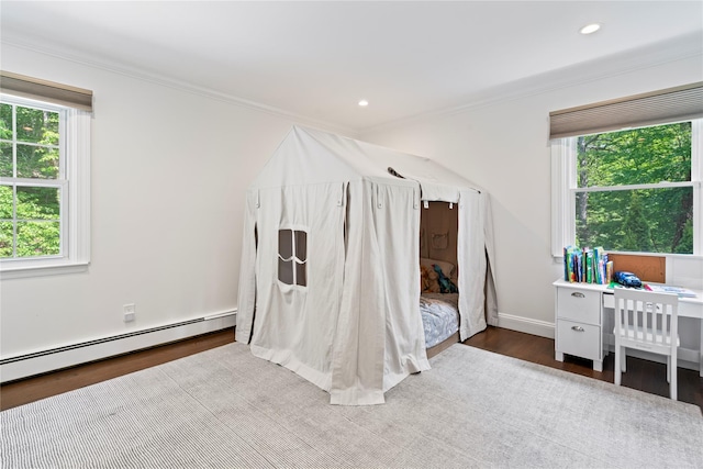 1508 Laurel Hollow Rd, Laurel Hollow, NY 11791 - bedroom featuring multiple windows, ornamental molding, wood finished floors, a baseboard heating unit, and recessed lighting