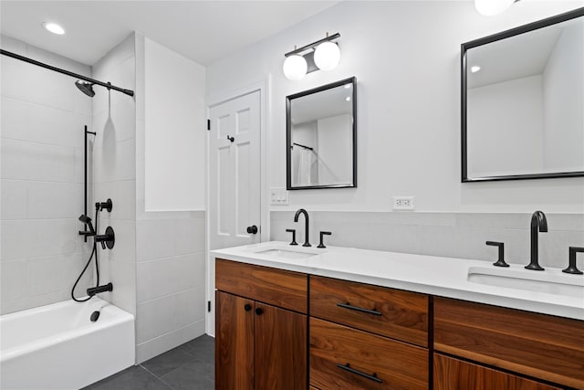 1508 Laurel Hollow Rd, Laurel Hollow, NY 11791 - bathroom featuring double vanity, shower / tub combo, tile patterned flooring, tile walls, and recessed lighting