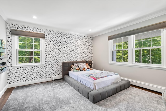 1508 Laurel Hollow Rd, Laurel Hollow, NY 11791 - bedroom featuring crown molding, a baseboard heating unit, wood finished floors, and recessed lighting