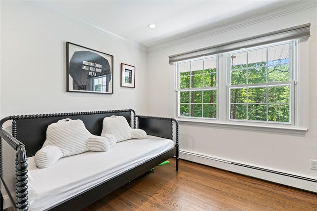 1508 Laurel Hollow Rd, Laurel Hollow, NY 11791 - bedroom with baseboard heating, wood finished floors, crown molding, and recessed lighting