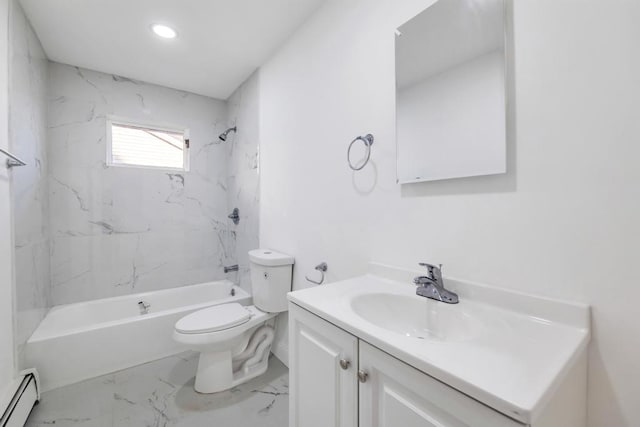 7 Argyle Dr, Shirley, NY 11967 - full bath with baseboard heating, vanity, shower / bath combination, marble finish flooring, and recessed lighting