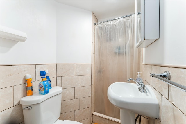 1377 D St, Elmont, NY 11003 - full bathroom featuring tile walls, a wainscoted wall, and curtained shower