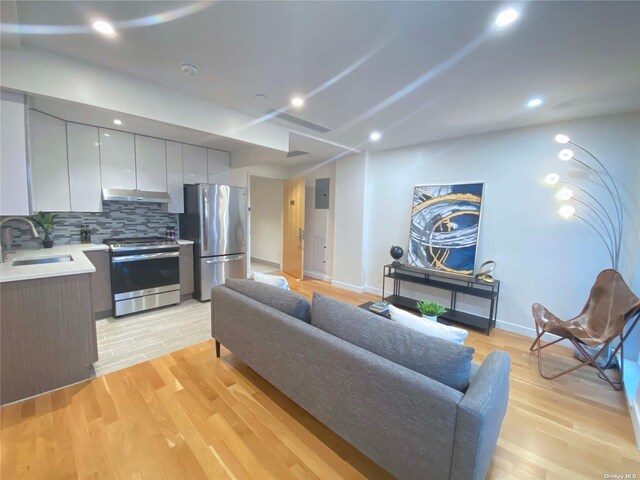 4223 Parsons Blvd Unit 1E, Flushing, NY 11355 - living room with light wood-style floors, baseboards, recessed lighting, and electric panel