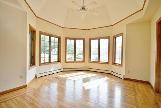 4 Andrew Ct, Florida, NY 10921 - unfurnished room featuring a ceiling fan, light wood-style floors, baseboards, a baseboard radiator, and vaulted ceiling