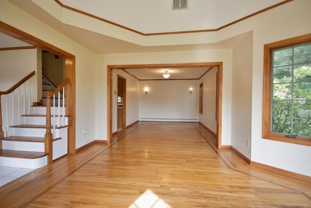 4 Andrew Ct, Florida, NY 10921 - corridor with light wood-style flooring, a baseboard radiator, ornamental molding, baseboards, and stairs