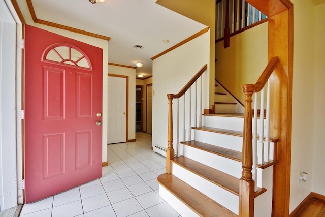 4 Andrew Ct, Florida, NY 10921 - entryway with ornamental molding, stairway, baseboards, light tile patterned flooring, and a baseboard radiator