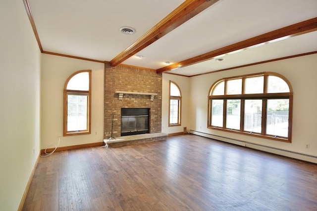 4 Andrew Ct, Florida, NY 10921 - unfurnished living room with beam ceiling, a baseboard radiator, wood finished floors, ornamental molding, and a fireplace