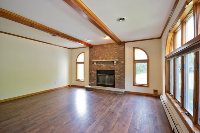 4 Andrew Ct, Florida, NY 10921 - unfurnished living room with dark wood finished floors, a baseboard radiator, beam ceiling, baseboards, and ornamental molding