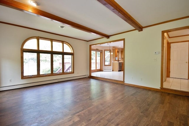 4 Andrew Ct, Florida, NY 10921 - empty room with baseboard heating, beamed ceiling, a baseboard radiator, wood finished floors, and crown molding