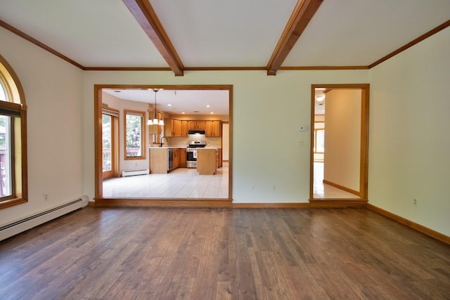 4 Andrew Ct, Florida, NY 10921 - unfurnished living room featuring a baseboard heating unit, light wood-style floors, baseboard heating, beam ceiling, and baseboards