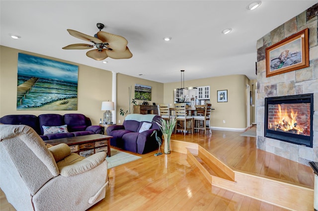 4 Waters Edge Unit 4, Shirley, NY 11967 - living room with light wood-style floors, ceiling fan, a fireplace, baseboards, and recessed lighting