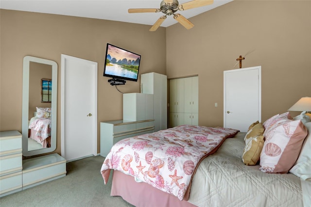 4 Waters Edge Unit 4, Shirley, NY 11967 - carpeted bedroom with a closet, high vaulted ceiling, and ceiling fan