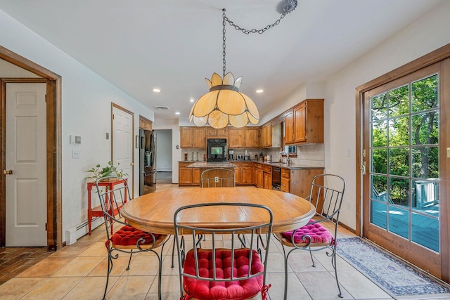 7 Sandpiper Ct, Shoreham, NY 11786 - dining area with a baseboard radiator, recessed lighting, light tile patterned flooring, and baseboards