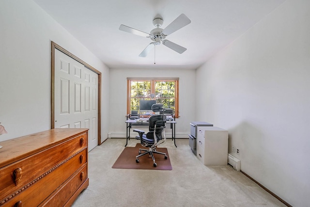 7 Sandpiper Ct, Shoreham, NY 11786 - office area with a baseboard heating unit, a ceiling fan, light carpet, and baseboards