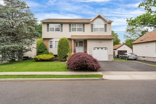 1448 Dewey Ave, North Bellmore, NY 11710 - view of front facade with asphalt driveway, a front yard, an attached garage, and brick siding