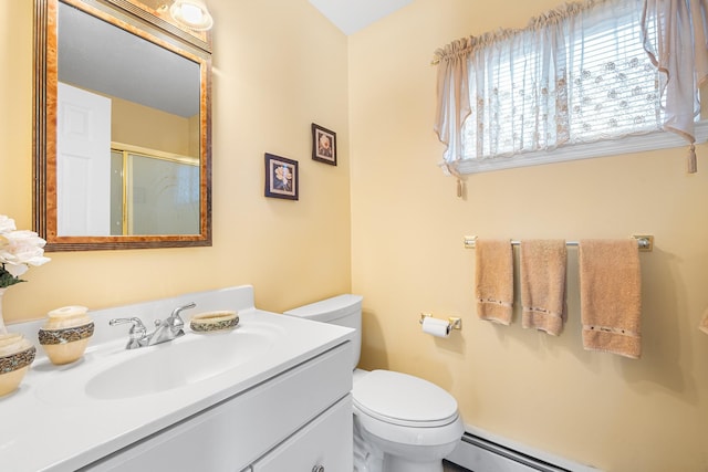 1448 Dewey Ave, North Bellmore, NY 11710 - bathroom with toilet, vanity, baseboard heating, and a shower with door