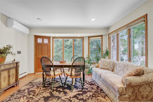 195 Loines Ave, Merrick, NY 11566 - living room featuring a wall mounted AC, a baseboard radiator, light tile patterned floors, and recessed lighting