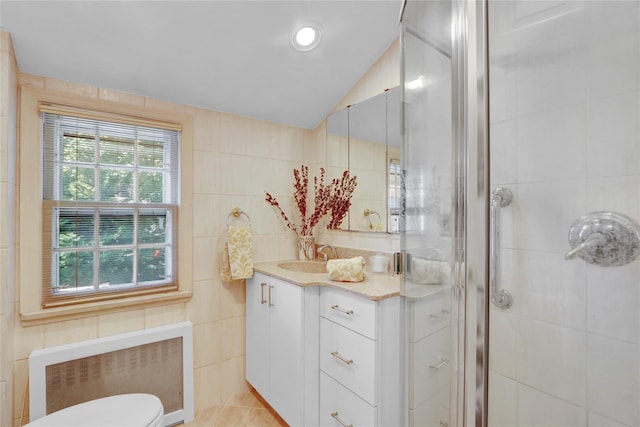 195 Loines Ave, Merrick, NY 11566 - bathroom featuring radiator heating unit, vaulted ceiling, a shower stall, vanity, and toilet