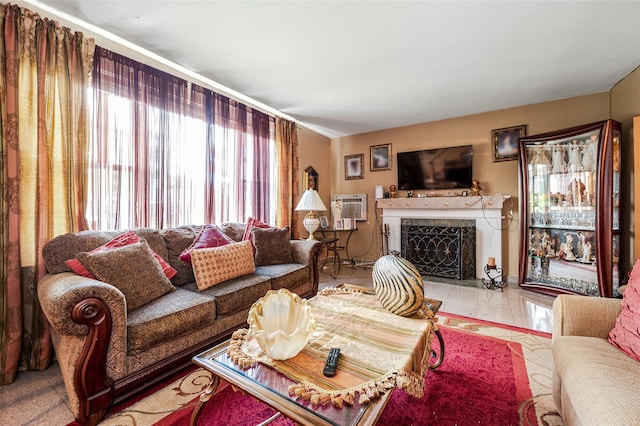 21AKA16 Larkspur Ln, Yonkers, NY 10704 - living area with a fireplace with flush hearth and an AC wall unit