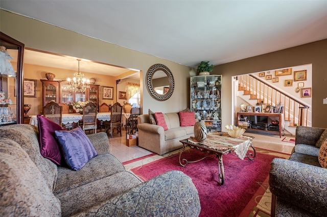 21AKA16 Larkspur Ln, Yonkers, NY 10704 - tiled living area featuring a chandelier and stairway