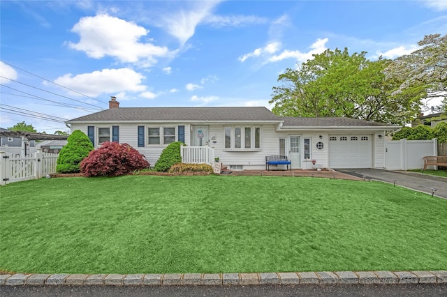 56 15th Ave, West Babylon, NY 11704 - ranch-style home featuring a garage, asphalt driveway, a chimney, a gate, and a shingled roof