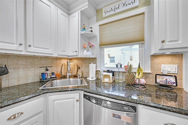 56 15th Ave, West Babylon, NY 11704 - kitchen featuring stainless steel dishwasher, a sink, white cabinets, open shelves, and backsplash