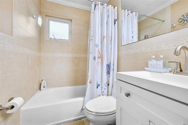 56 15th Ave, West Babylon, NY 11704 - full bath with tile walls, shower / bathtub combination with curtain, toilet, vanity, and crown molding
