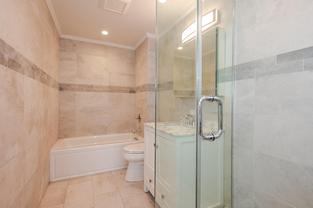 661 W Broadway Unit 204, Long Beach, NY 11561 - bathroom featuring crown molding, toilet, vanity, tile patterned flooring, and tile walls