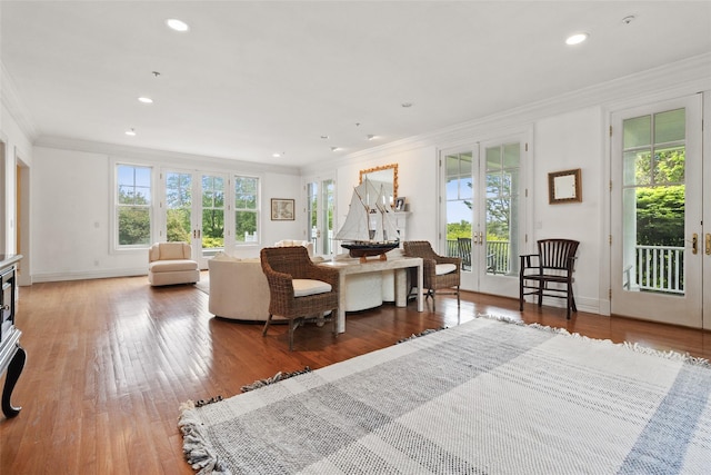 61 Carolyn Pl, Chappaqua, NY 10514 - living room featuring crown molding, french doors, wood finished floors, recessed lighting, and baseboards