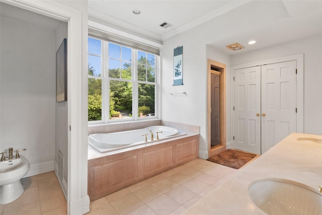 61 Carolyn Pl, Chappaqua, NY 10514 - full bathroom with a garden tub, a bidet, tile patterned floors, ornamental molding, and a closet