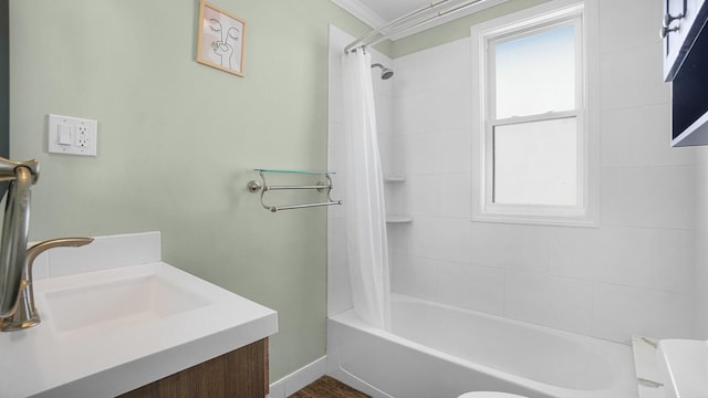 1528 Mayflower Ave, Bronx, NY 10461 - full bathroom with vanity, shower / bathtub combination with curtain, crown molding, and toilet