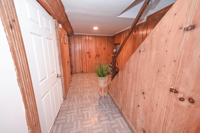 165 Page Rd, Valley Stream, NY 11581 - hall featuring wooden walls, stairs, and recessed lighting