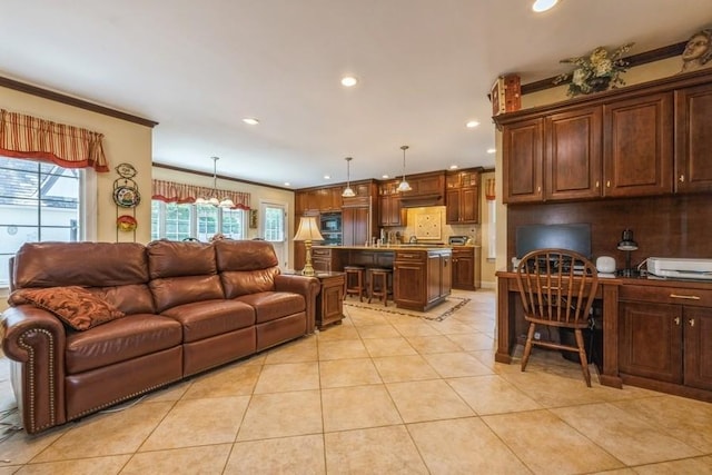 329 Brower Ave, Rockville Centre, NY 11570 - living room with recessed lighting, crown molding, light tile patterned flooring, and a desk