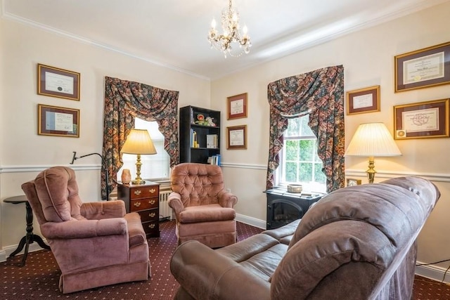 329 Brower Ave, Rockville Centre, NY 11570 - living area with a chandelier, carpet floors, baseboards, and crown molding