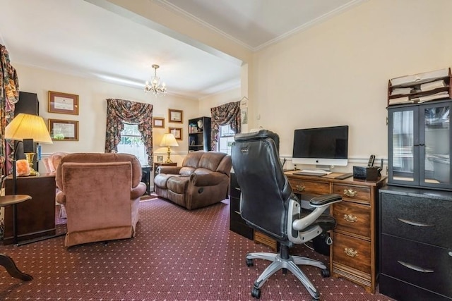 329 Brower Ave, Rockville Centre, NY 11570 - office space with carpet floors, crown molding, a chandelier, and wainscoting