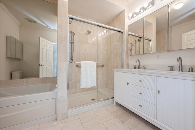 124 Pond View Dr Unit 317, Port Washington, NY 11050 - bathroom featuring tile patterned floors, ornamental molding, a shower stall, a bath, and double vanity