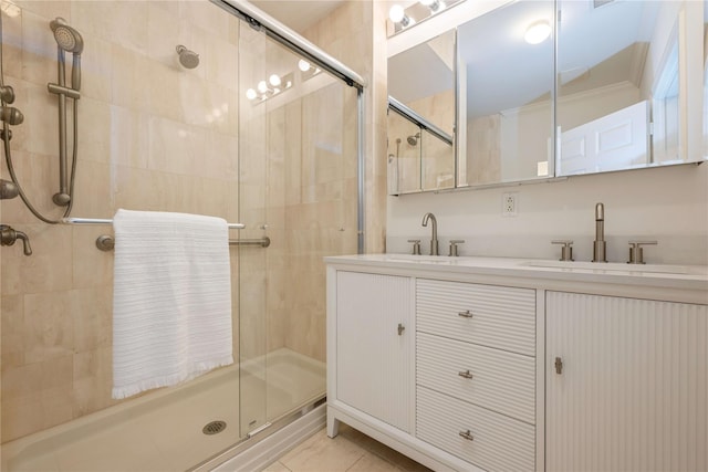124 Pond View Dr Unit 317, Port Washington, NY 11050 - bathroom with a stall shower, double vanity, and tile patterned flooring