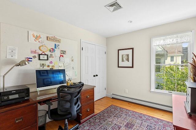 38 Maple Ave, Northport, NY 11768 - office area featuring a baseboard heating unit and light wood-style flooring