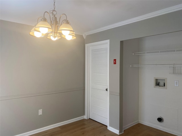 122 Oak Park Ter, Wappingers Falls, NY 12590 - washroom featuring hookup for an electric dryer, a chandelier, washer hookup, wood finished floors, and ornamental molding