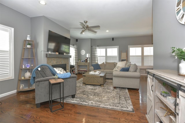 2 Hidden Creek Blvd, Monroe, NY 10950 - living room featuring a ceiling fan, recessed lighting, dark wood finished floors, a fireplace, and baseboards