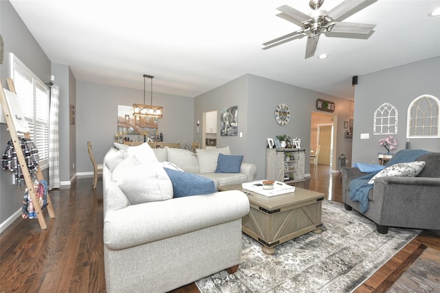 2 Hidden Creek Blvd, Monroe, NY 10950 - living area featuring wood finished floors, a chandelier, ceiling fan, baseboards, and recessed lighting