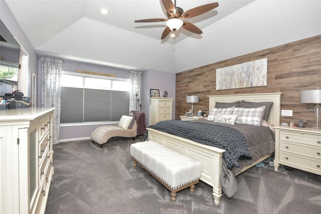 2 Hidden Creek Blvd, Monroe, NY 10950 - bedroom featuring dark colored carpet, multiple windows, ceiling fan, wood walls, and lofted ceiling