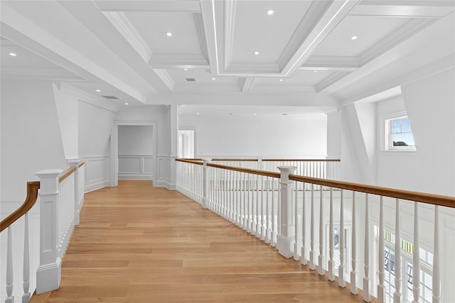 44 Club Ln, Remsenburg, NY 11960 - corridor featuring light wood finished floors, crown molding, beamed ceiling, recessed lighting, and coffered ceiling