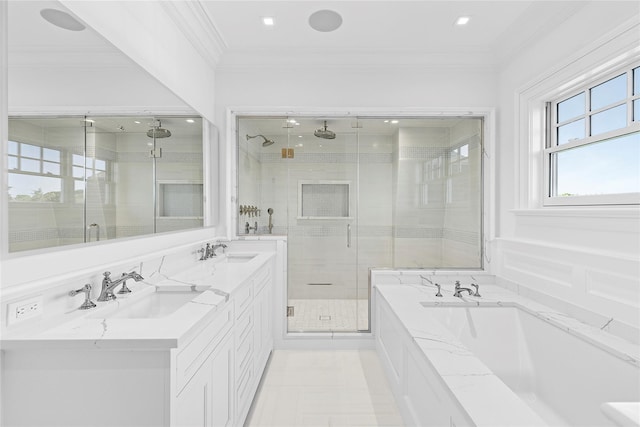 44 Club Ln, Remsenburg, NY 11960 - full bathroom with a stall shower, a garden tub, double vanity, crown molding, and recessed lighting