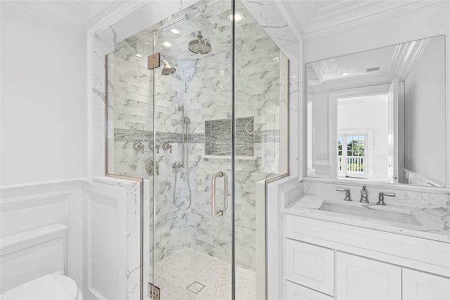44 Club Ln, Remsenburg, NY 11960 - bathroom featuring crown molding, a marble finish shower, toilet, a wainscoted wall, and vanity