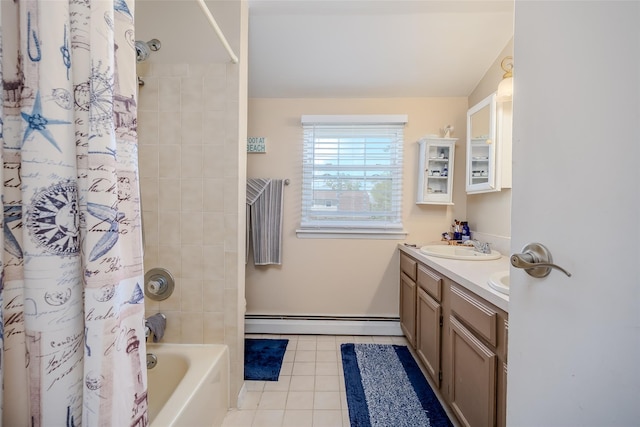 58 Hooper St, Port Jefferson Station, NY 11776 - full bath with a baseboard radiator, double vanity, tile patterned floors, and shower / bath combination with curtain