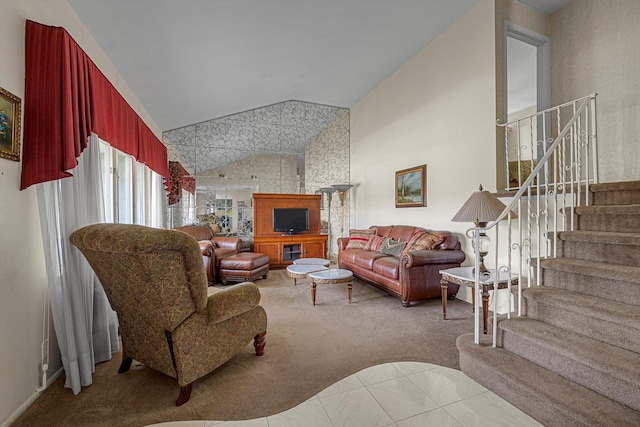 116 Intervale Ave, Farmingdale, NY 11735 - living area with carpet flooring, stairs, and high vaulted ceiling