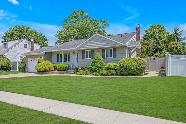 116 Intervale Ave, Farmingdale, NY 11735 - view of front of property featuring a chimney, an attached garage, a gate, driveway, and a shingled roof
