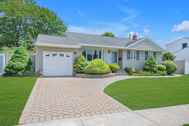 116 Intervale Ave, Farmingdale, NY 11735 - ranch-style home with decorative driveway, a garage, a chimney, and a shingled roof